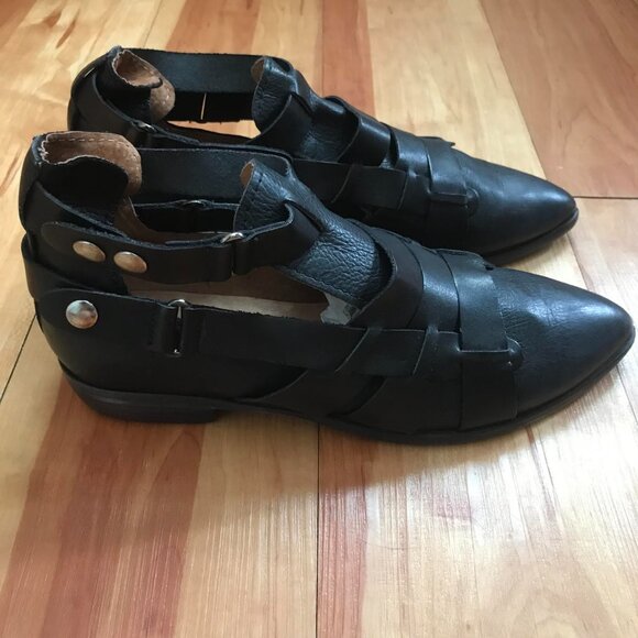 Free People Black Leather Style Nine Ankle Boots Double Buckle Strappy Booties - Picture 6 of 12